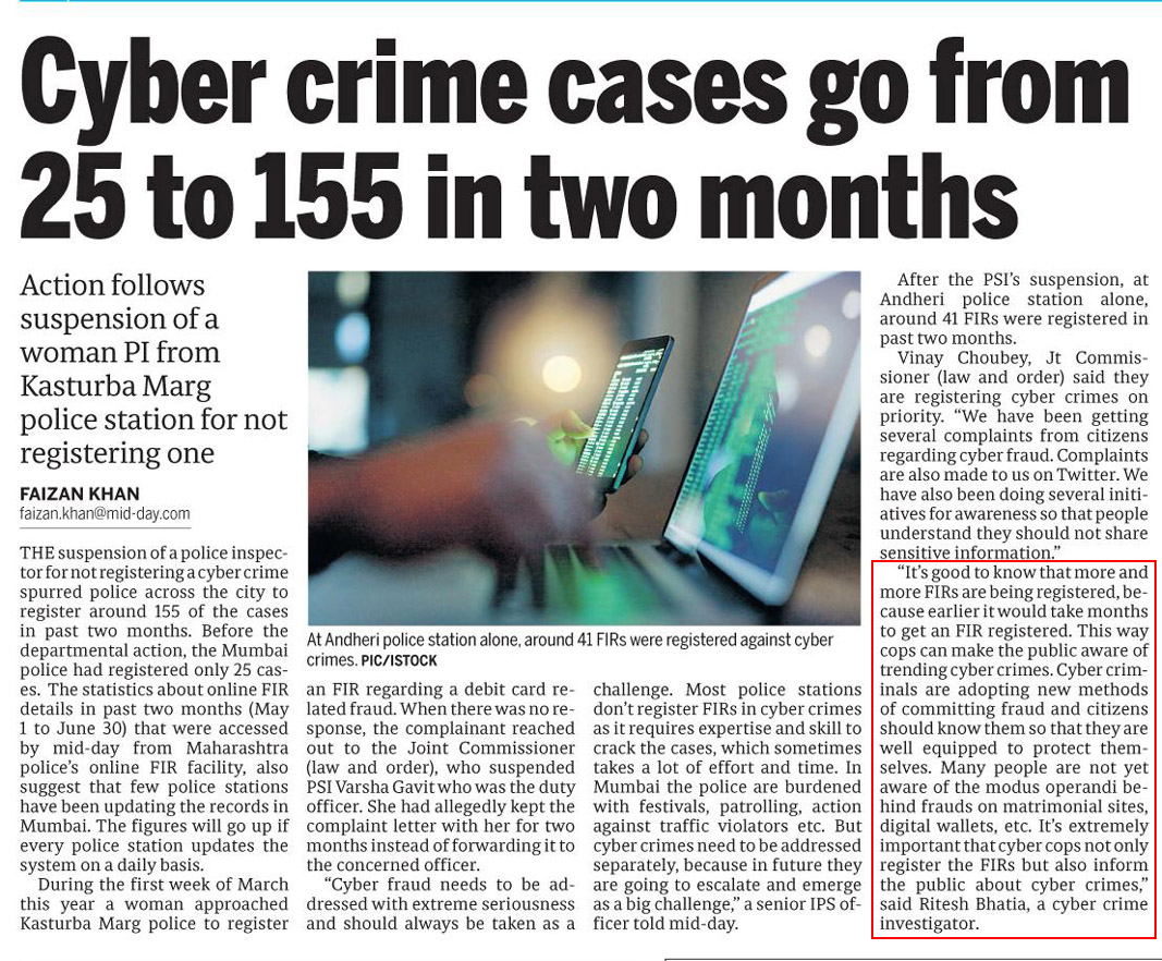 Ritesh Bhatia - Cyber frauds and cyber crimes media coverage